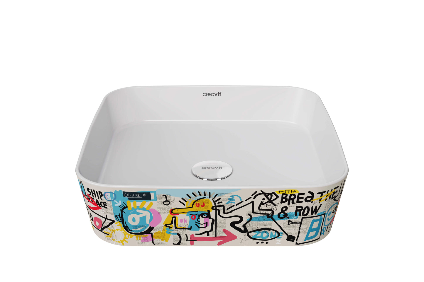 Creavit Loop Kare Çanak Lavabo Beyaz Grafiti Desen Uygulamalı 40 cm LP040-00CB00E-GB00 - Banyovit