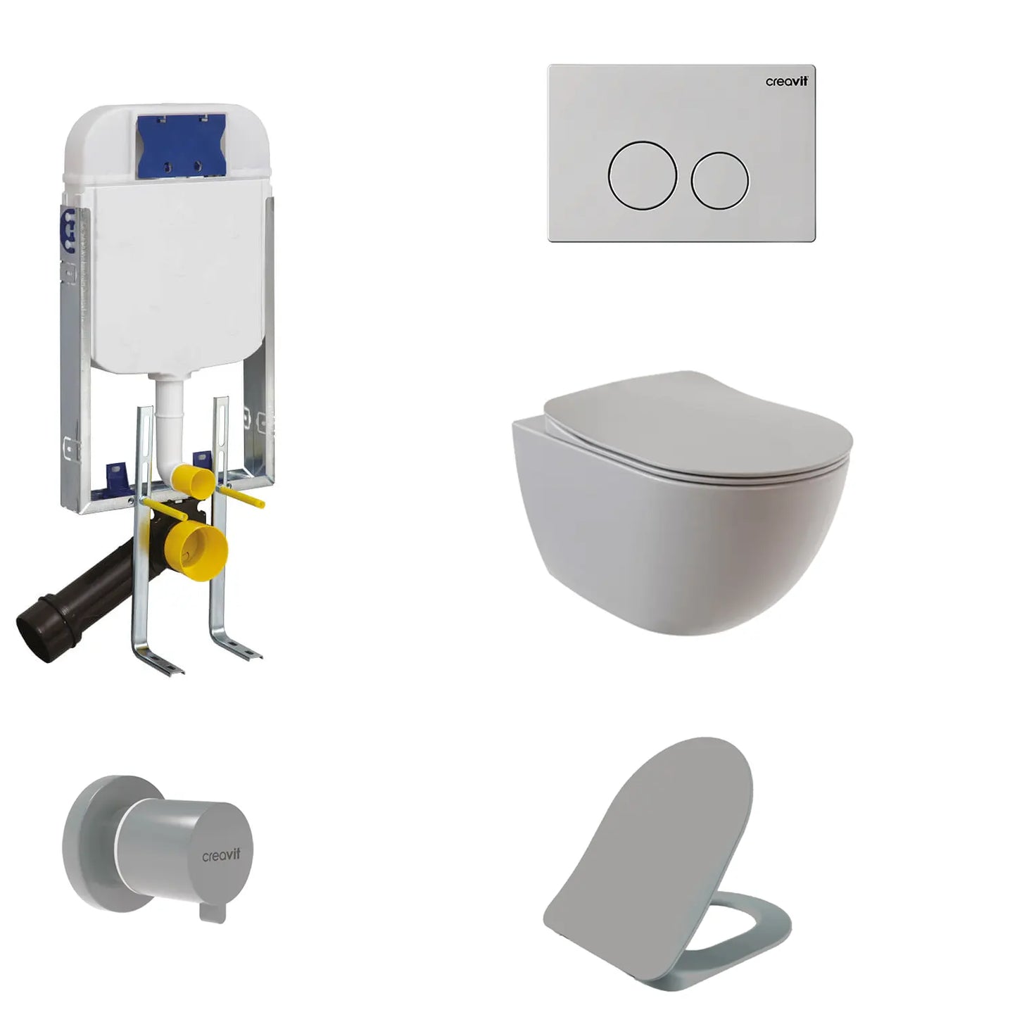 Creavit Gömme Rezervuar Creavit Free Rim-Off Kanalsız Asma Klozet Cool Grey Mat FE322-00CG00E-0000 Tam Takım Set - Banyovit