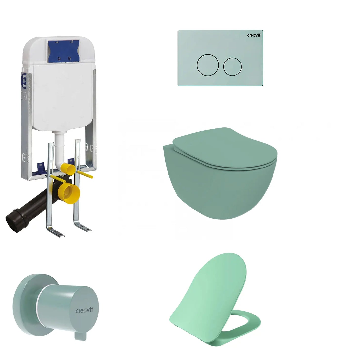 Creavit Gömme Rezervuar Creavit Free Rim-Off Kanalsız Asma Klozet Nil Yeşili FE322-00NY00E-0000 Tam Takım Set - Banyovit