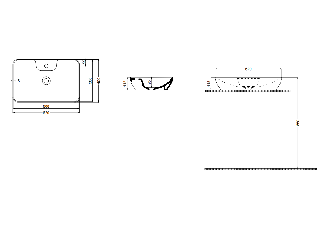 Quarter Bath Smooth Line Tezgah Üstü Çanak Lavabo Batarya Delikli Beyaz 40x62 cm 70SM23062