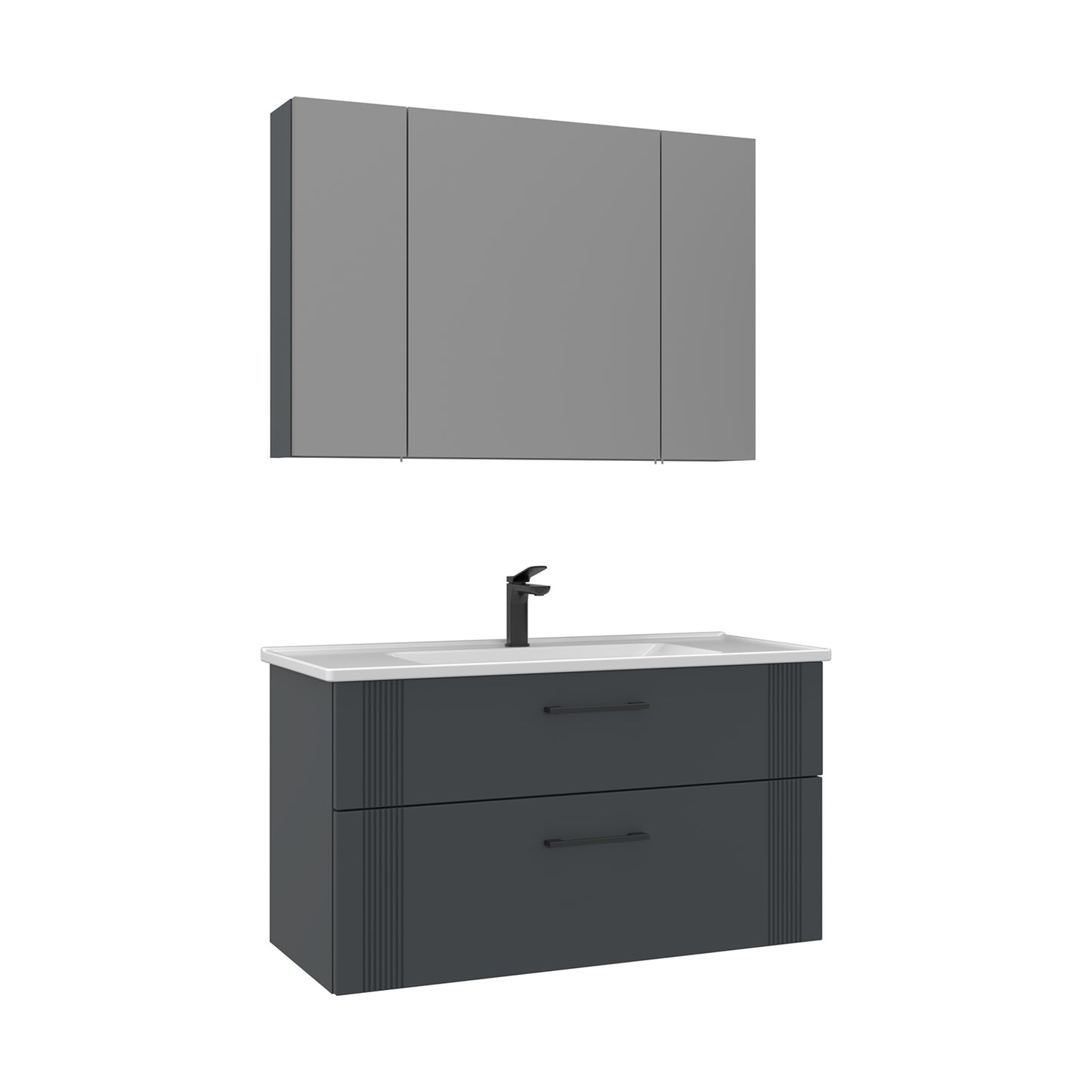 Orka Bari V2 100 cm Çekmeceli Aynalı Dolaplı Banyo Dolabı Takımı | Dolaplı | Mat Antrasit