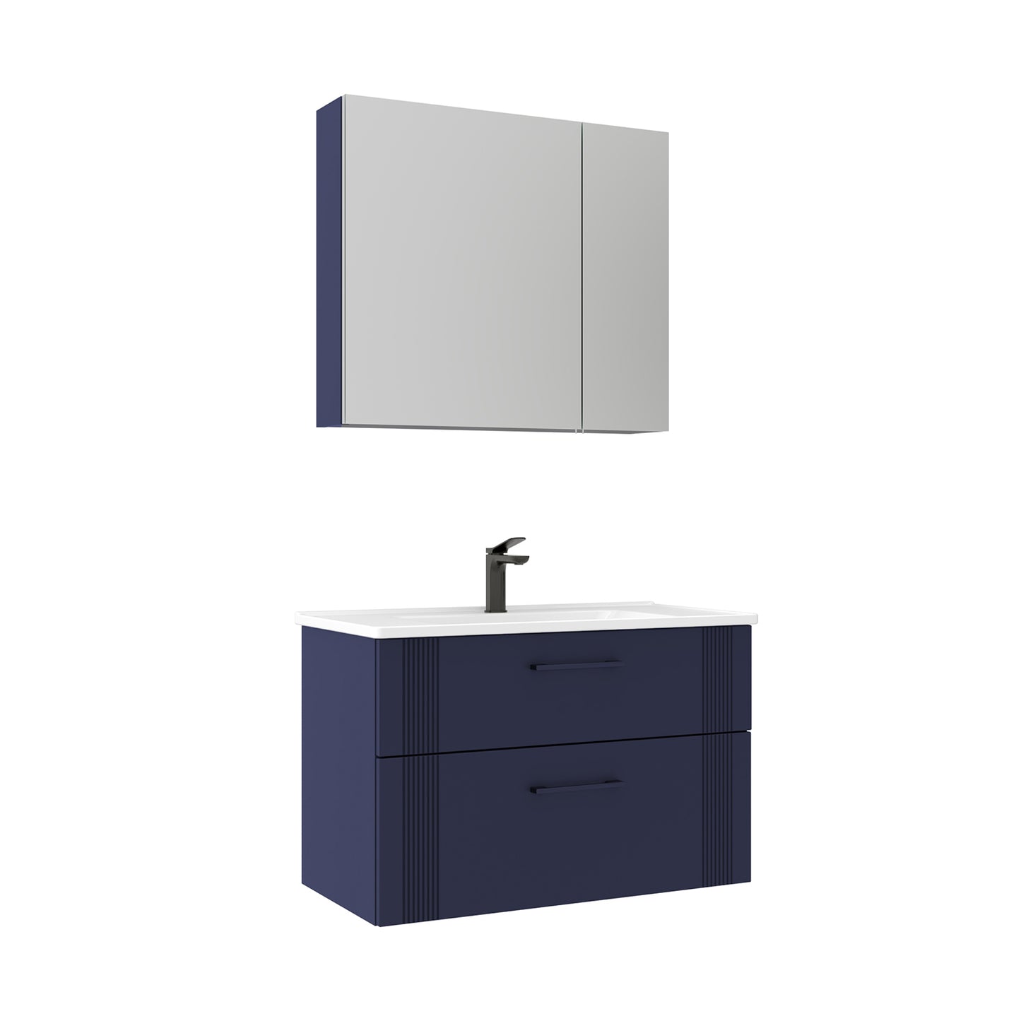 Orka Bari V2 85 cm Çekmeceli Aynalı Dolaplı Banyo Dolabı Takımı | Dolaplı | Mat Lacivert