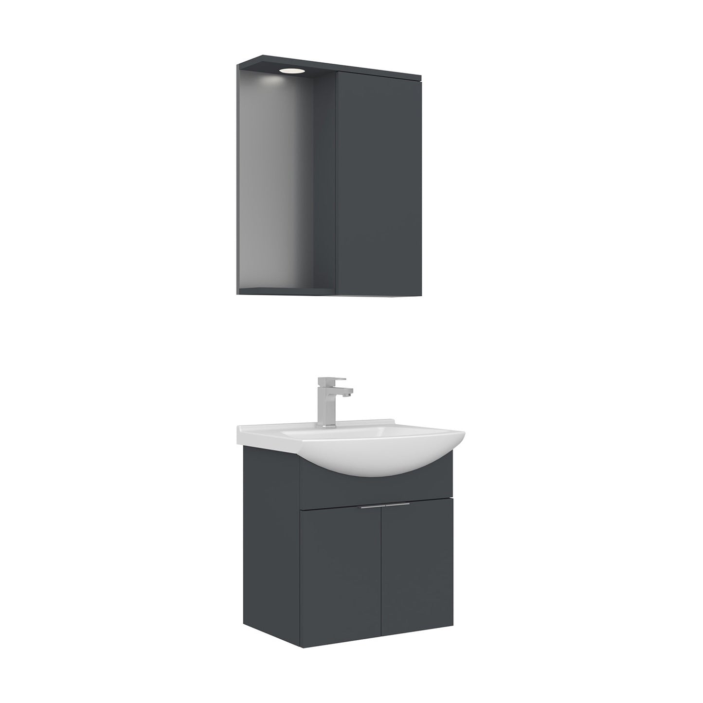 Orka Purus 55 cm Kapaklı Aynalı Dolaplı Banyo Dolabı Takımı | Spot Aynalı | Mat Antrasit