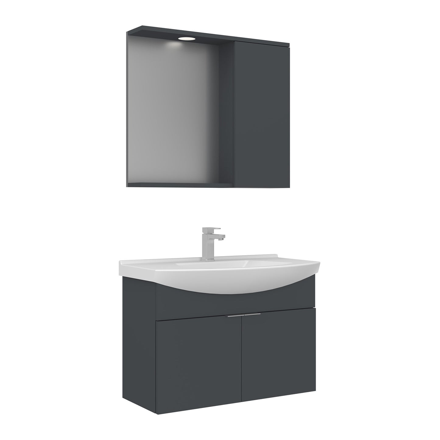 Orka Purus 80 cm Kapaklı Aynalı Dolaplı Banyo Dolabı Takımı | Spot Aynalı | Mat Antrasit