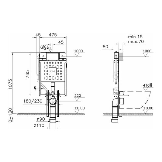 VitrA V8 Asma Klozetler İçin Metal Ayaklı Gömme Rezervuar Seti 800-1868 Teknik Resim