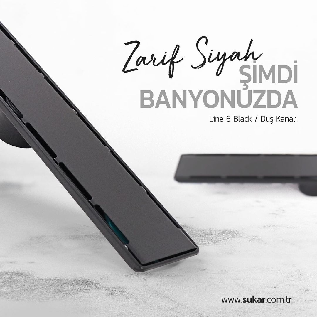 Sukar Line/6 Lineer Duş Kanalı Siyah Plain Izgaralı Paslanmaz Çelik Kasalı Koku Önleyicili