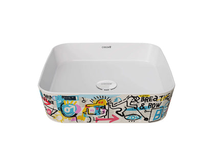 Creavit Loop Kare Çanak Lavabo Beyaz Grafiti Desen Uygulamalı 40 cm LP040-00CB00E-GB00