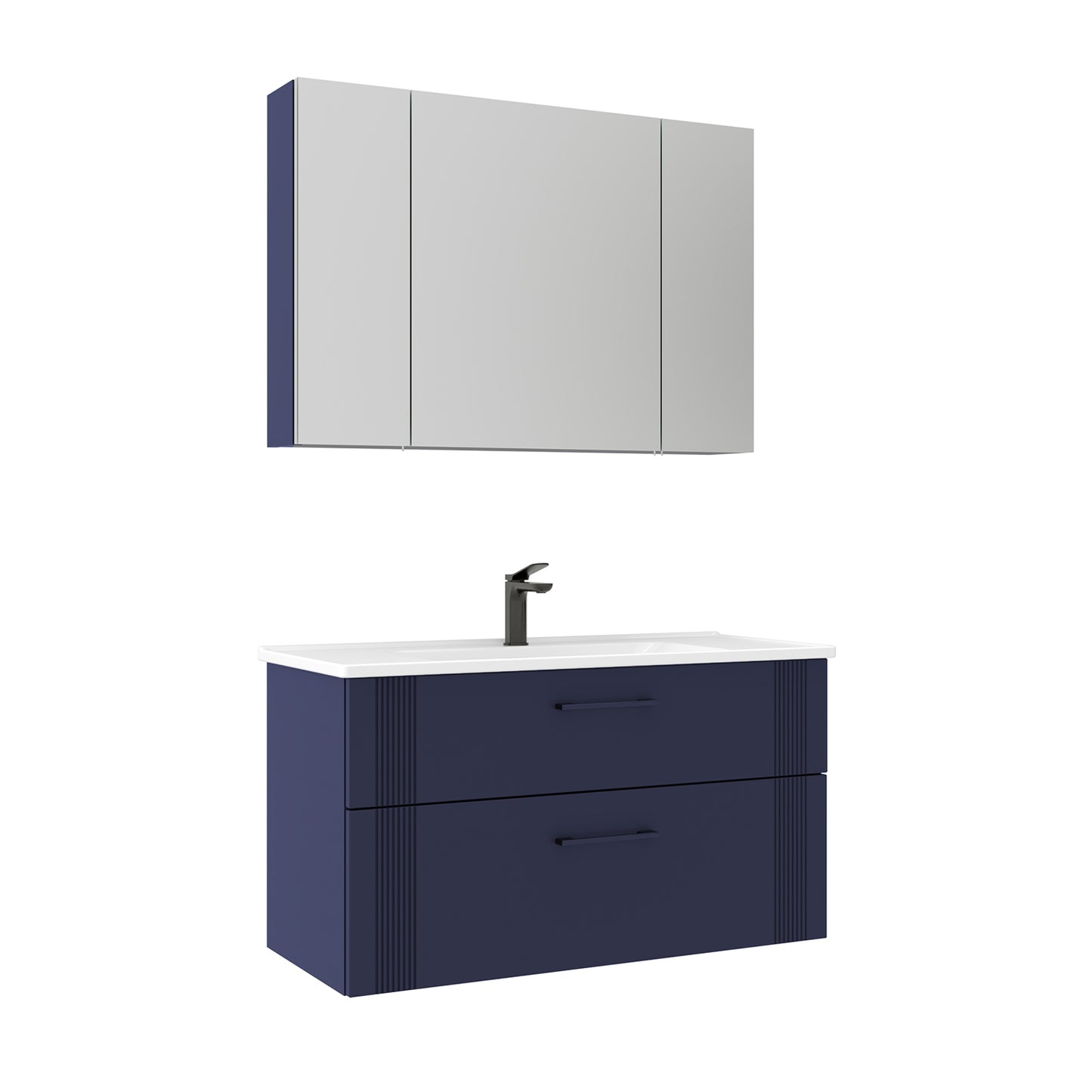 Orka Bari V2 100 cm Çekmeceli Aynalı Dolaplı Banyo Dolabı Takımı | Dolaplı | Mat Lacivert