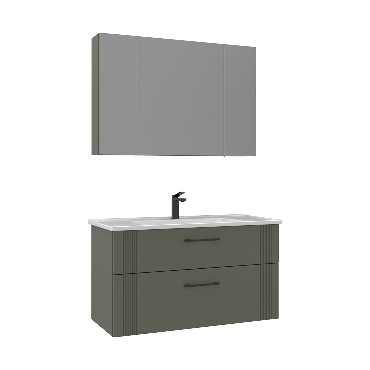 Orka Bari V2 100 cm Çekmeceli Aynalı Dolaplı Banyo Dolabı Takımı | Dolaplı | Mat Yeşil