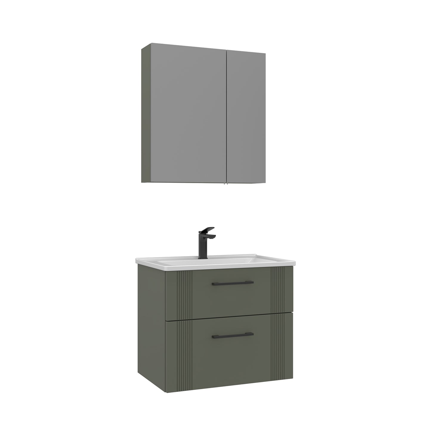Orka Bari V2 65 cm Çekmeceli Aynalı Dolaplı Banyo Dolabı Takımı | Dolaplı | Mat Yeşil