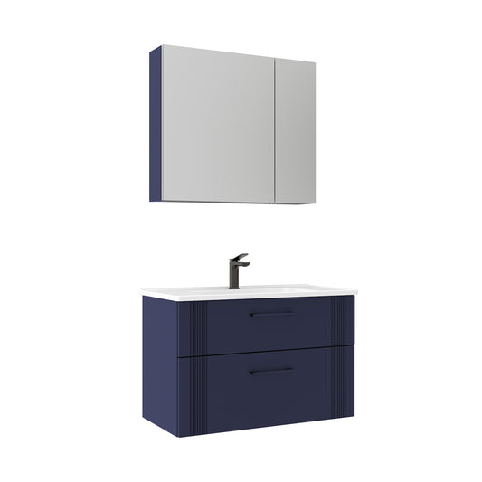 Orka Bari V2 85 cm Çekmeceli Aynalı Dolaplı Banyo Dolabı Takımı | Dolaplı | Mat Lacivert