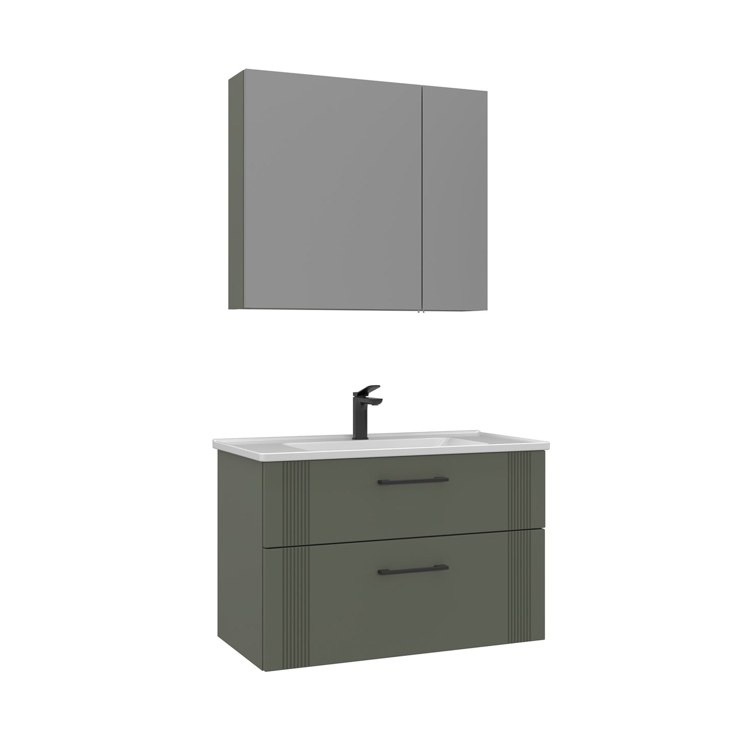 Orka Bari V2 85 cm Çekmeceli Aynalı Dolaplı Banyo Dolabı Takımı | Dolaplı | Mat Yeşil