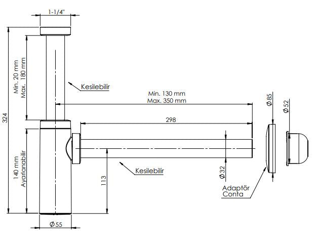 Moon Ayarlanabilen Lavabo Sifonu Siyah Taşmasız 300mm Başlıklı ABS CCPSY100140.011.001 MS - Banyovit