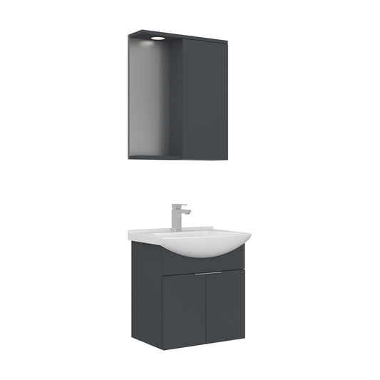 Orka Purus 55 cm Kapaklı Aynalı Dolaplı Banyo Dolabı Takımı | Spot Aynalı | Mat Antrasit