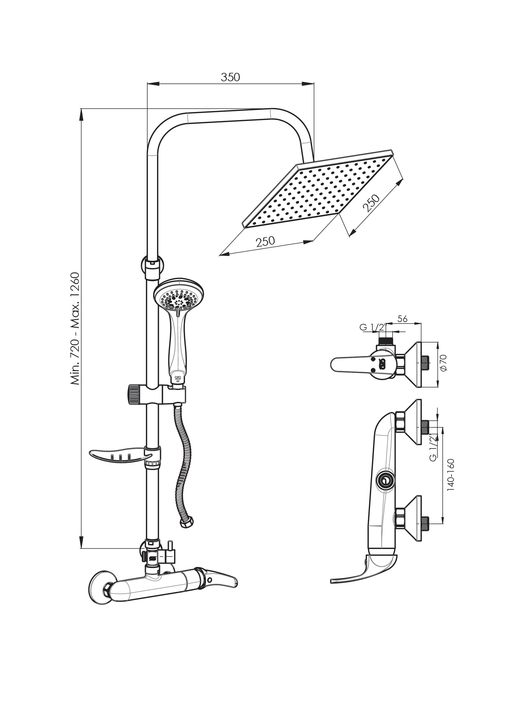 Duş Seti (5 Fonksiyonlu El Duşu +250X250 + Mdu80) Krom Dst22 Gpd - Banyonline