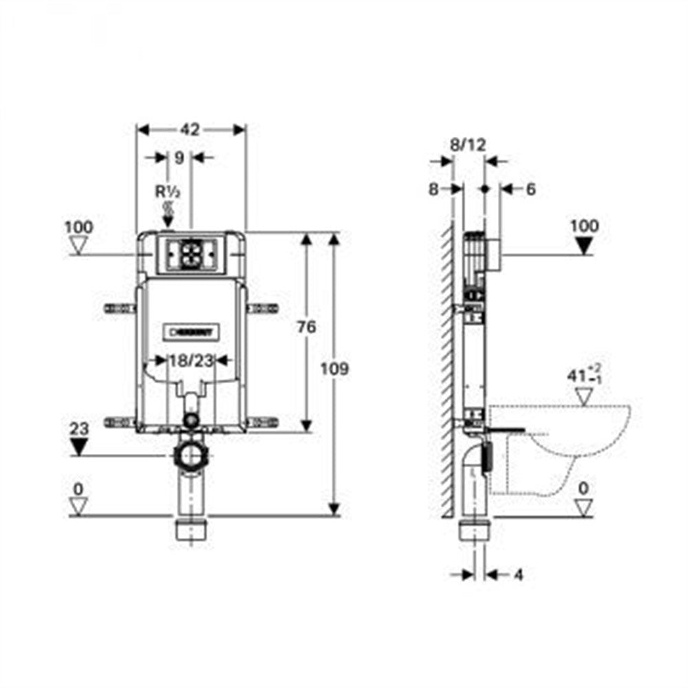 Geberit Alpha Gömme Rezervuar 8 cm Kombifix Metal Ayaklı Seti (Stop Valf + Parlak Krom Kumanda Paneli Dahil) 110.174.00.1 Teknik Resim